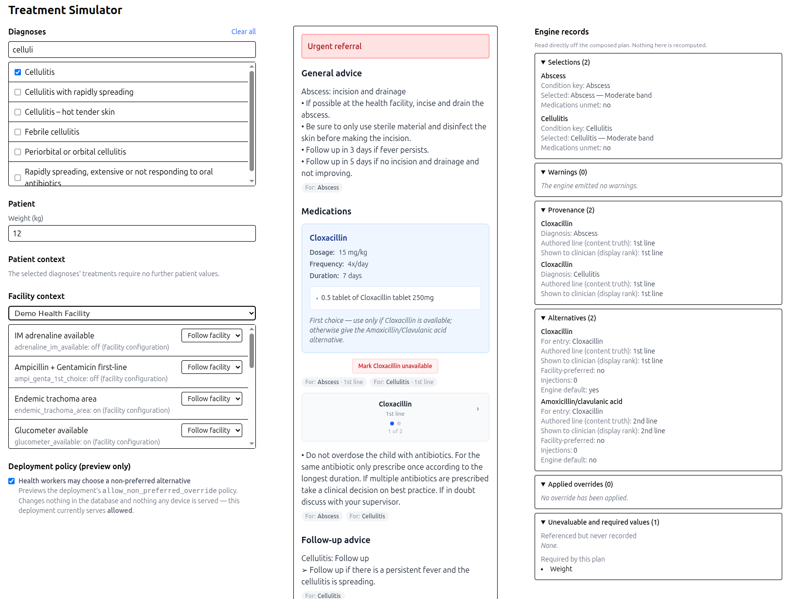 ClinPath treatment simulator: diagnosis selection, facility context and the exact plan a device would render