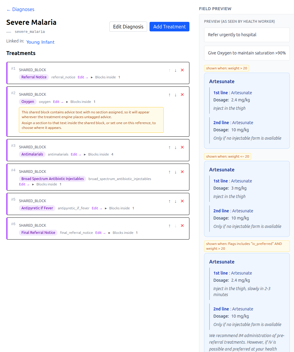 ClinPath treatment editor with reusable shared blocks and a live health-worker preview
