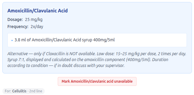 Alternative medication card with recalculated syrup dose and authored guidance