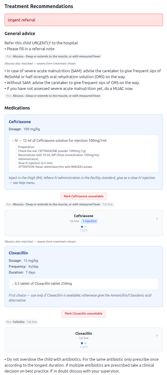 ClinPath treatment plan showing an urgent referral banner, general advice and weight-based medication cards
